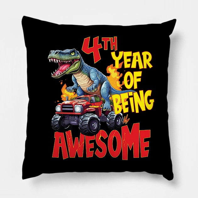4th Year of Being Awesome 4yr Birthday Truck Dinosaur Boy Girl 4 Years Old Pillow by Envision Styles