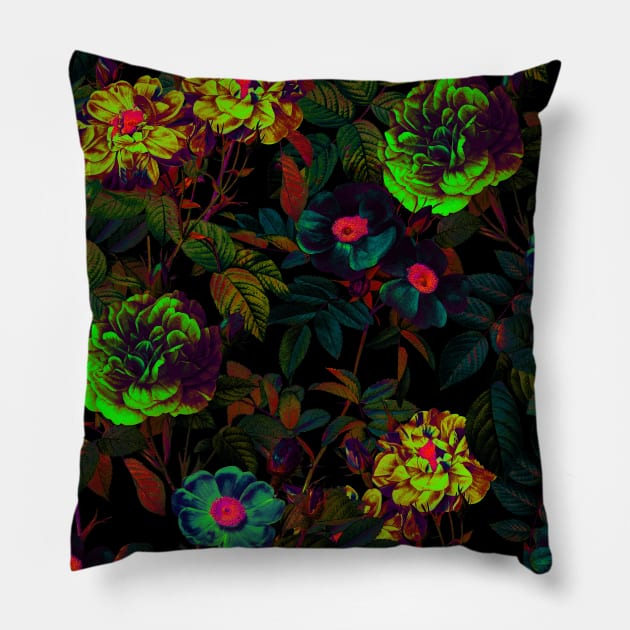 Floral Neon Garden Pillow by burcukorkmazyurek