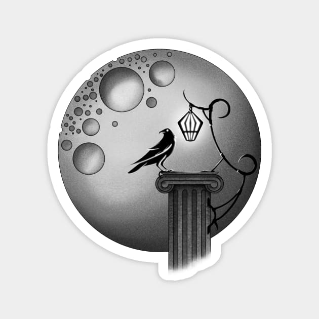 Crow and Moon - Black and White Magnet by GodxanGalactic