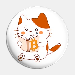 Cute kawaii cat discovers the beauty of Bitcoin, reading a book with a tear of joy Pin