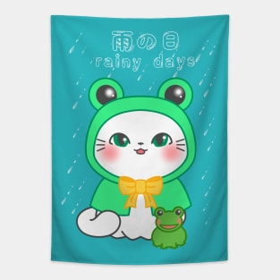 Rainy Days kitten - a kawaii cat in a froggy rain coat Tapestry