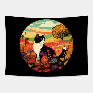 Cat Looking Sunset In The Meadow Filled Flower - Funny Cats Tapestry