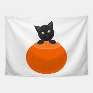 Black Cat Looking for Halloween Candy (White Background) Tapestry