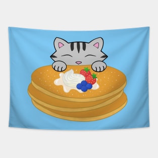 Grey Tabby Cat Eating Pancakes Tapestry