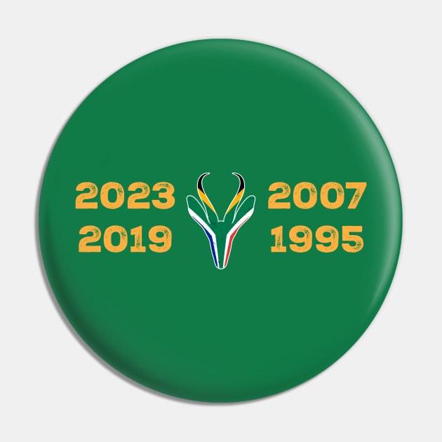 South Africa Four Time World Rugby Champs Vintage T-Shirt | Springbok Head & Flag 2023 2019 2007 1995 | Nou Gaan Ons Braai | Lekker Pin by BraaiNinja