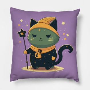 Magical Cat With Sorcerer's Staff Surrounded By Stars Pillow