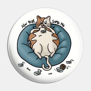 New Year Same Me Chubby Kitty Eating Fish Funny Digital Illustration Pin