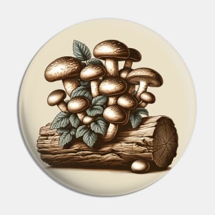 Shiitake Mushrooms on Fallen Tree: Vintage Cottage Core Pin