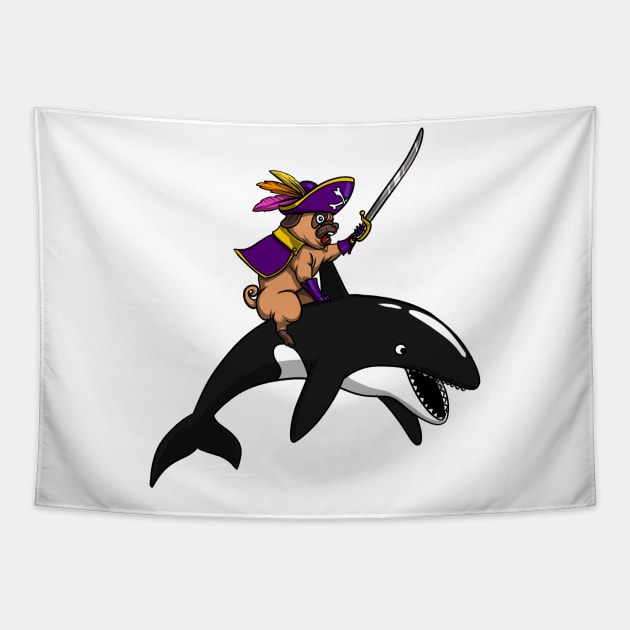 Pug Dog Pirate Riding Orca Whale Tapestry by underheaven