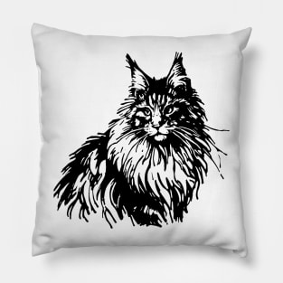 Stick figure of Maine Coon cat in black ink Pillow