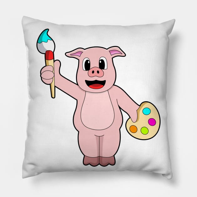 Pig at Painting with Brush & Colour Pillow by Markus Schnabel