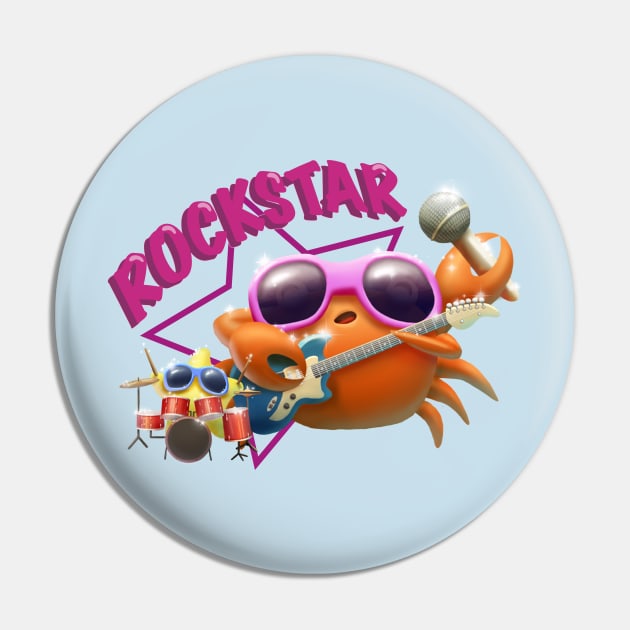 Cute Crab and Starfish Rock Star Band Pin by Irene Koh Studio