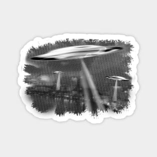 Ufo's hover over cityscape Magnet