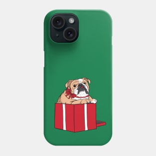 Illustrated cute english Bulldog jumping out of a red present box Phone Case