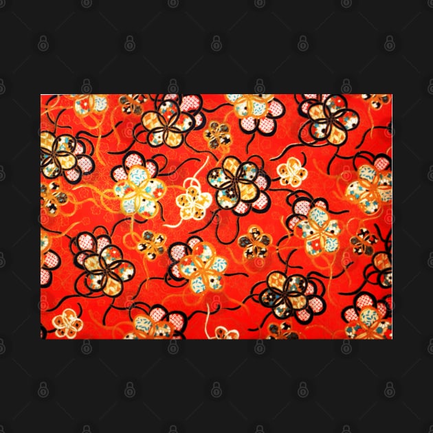 STYLIZED FLOWERS ,BLACK WHITE RIBBONS IN BRIGHT RED Antique Japanese Floral by BulganLumini