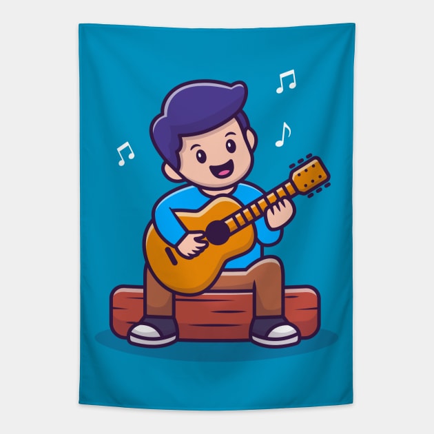 Cute Boy Playing Guitar Cartoon Tapestry by Catalyst Labs