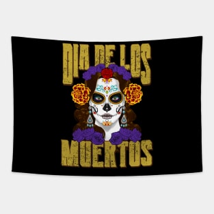 Dios De Los Muertos Distressed Text Day of the Dead Catrina Face Tapestry