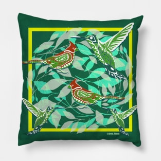 hummingbirds and red cardinals in lovely wallpaper ecopop Pillow