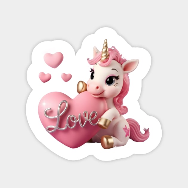 Unicorn with a Pink Mane and Tail, Golden Hooves, and a Golden Horn, Holding a Large Pink Heart with the Word “Love Magnet by animegirlnft