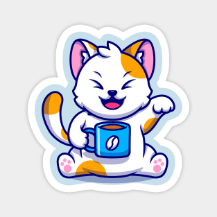 Cute Cat With Coffee Cup Cartoon Magnet