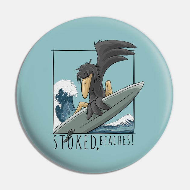 Stoked, Beaches! Surfer Crow Raven Surfing On Japan Wave Pin by SkizzenMonster