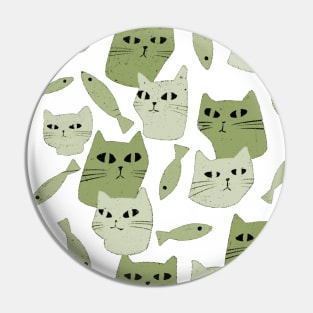 Strange green cats with black eyes and green fish Pin