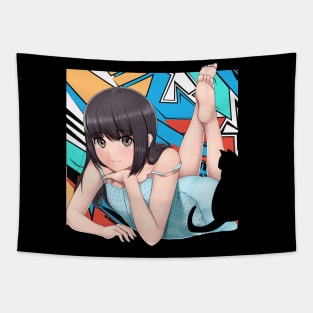 Anime Girl with black cat Tapestry