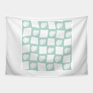 Large Monstera Deliciosa Leaf Checker Board - pastel teal green Tapestry