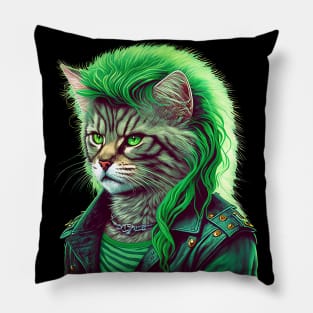 80s Heavy Metal Cat With Mullet Pillow