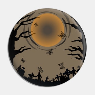 Harmony in Orange: Moon and Zombies Butterfly Pin