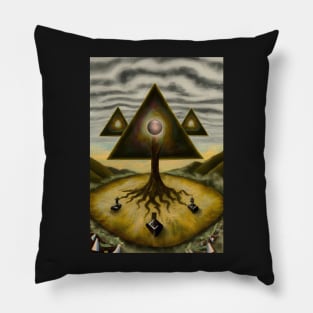 Surrealist painting like digital art with pyramids tree roots and the seed of the monad with within Pillow