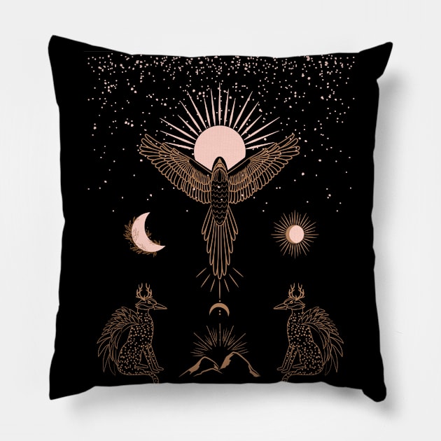 Collection of mythology and mystical illustrations in hand drawn style, fantasy animals, minimal art Pillow by Modern Art