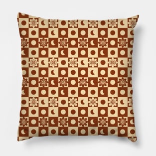 Celestial Retro Checkered Pattern in Brown and Peach Pillow