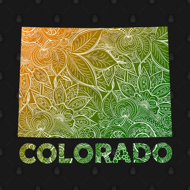 Colorful mandala art map of Colorado with text in green and orange by Happy Citizen