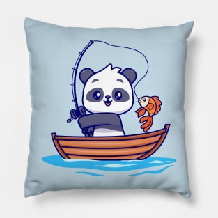 Cute Panda Fishing On Boat Cartoon Pillow