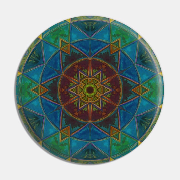 Mosaic Kaleidoscope Flower Blue Yellow and Green Pin by WormholeOrbital