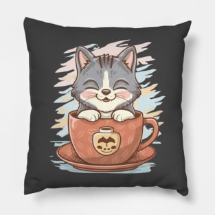 A grinning cat sipping coffee from a stylish mug Pillow
