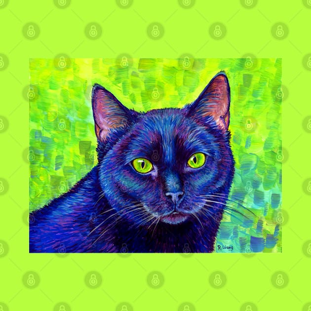 Colorful Black Cat with Green Eyes by rebeccawangart