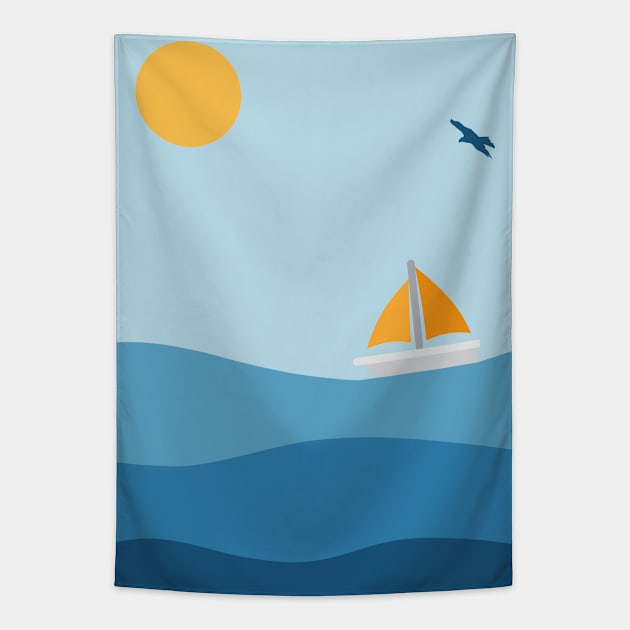 Summer Sailboat on Ocean Waves Tapestry by Just Kidding Co.