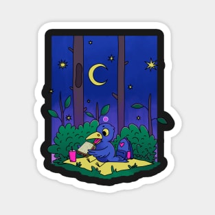 Little raven eats a sandwich at night in the forest Magnet