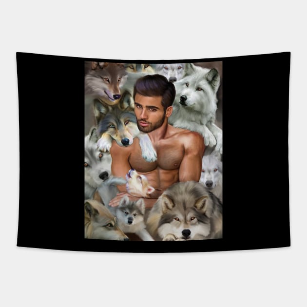 Sexy Shirtless Man With Lovable Cute Wolves Tapestry by egcreations