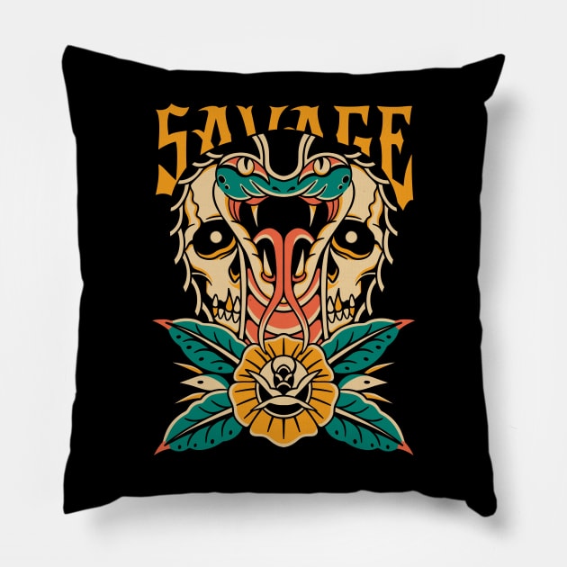 Skull Snake Rose  Vintage Traditional Tattoo Pillow by Afdhal Project