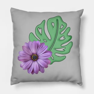 Monstera Leaf and Purple Daisy - Swiss Cheese Leaf Pillow