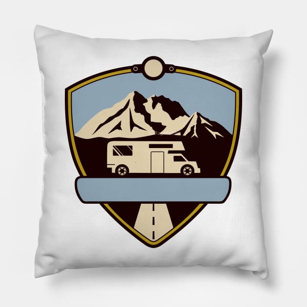 Adventure Camper Badge with Mountains Pillow by RageRabbit