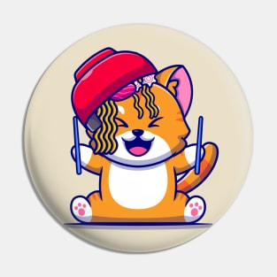 Cute Cat With Ramen Noodle Bowl And Chopstick Cartoon Pin