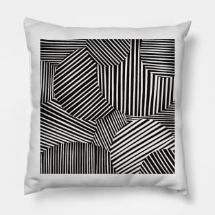 Striped Circles Collage, Black and White Digital Illustration Pillow