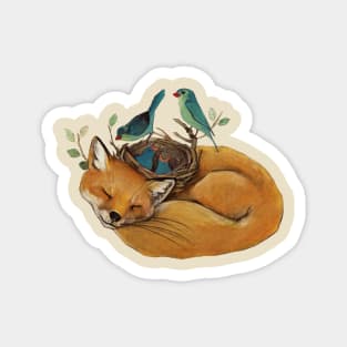 Sleeping fox and blue birds nest Magnet