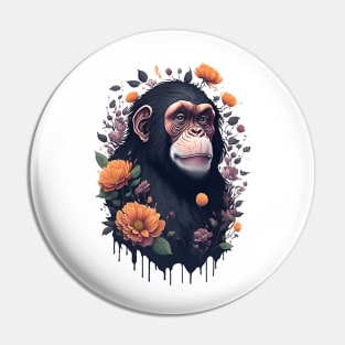 Chimp with Flowers Pin