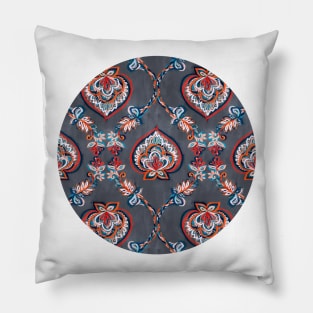 Floral Ogees in Red & Blue on Grey Pillow