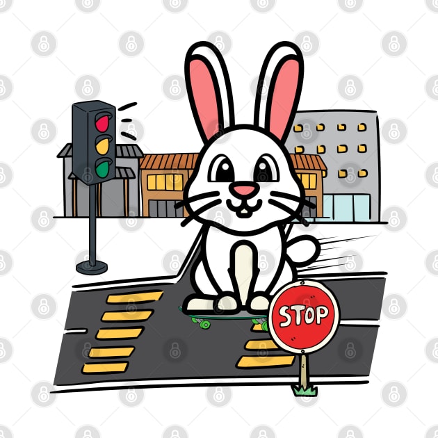 Cute Bunny is skate boarding on the street by Pet Station